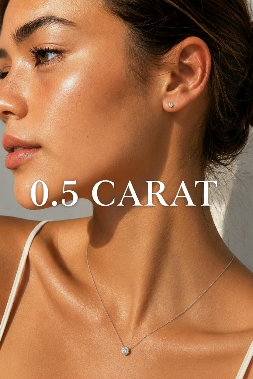 Close-up of a woman wearing a delicate silver necklace with a small round clear gemstone pendant and a matching stud earring, shown in warm natural sunlight against a light gray wall.